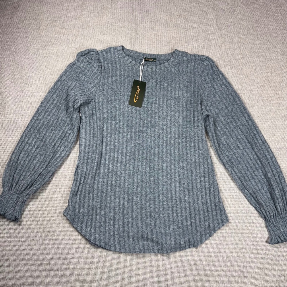 Ofeefan Womens Ribbed Knit Puff Sleeve Top Blue Gray Crew Neck NWT Size M